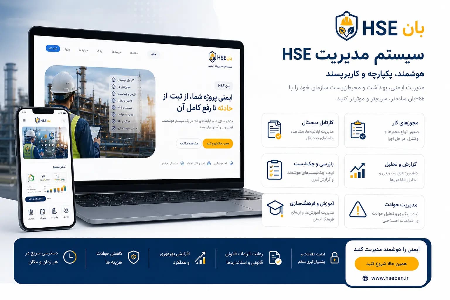 نمای پروژه HSEBAN — سیستم مدیریت حوادث کارگاه